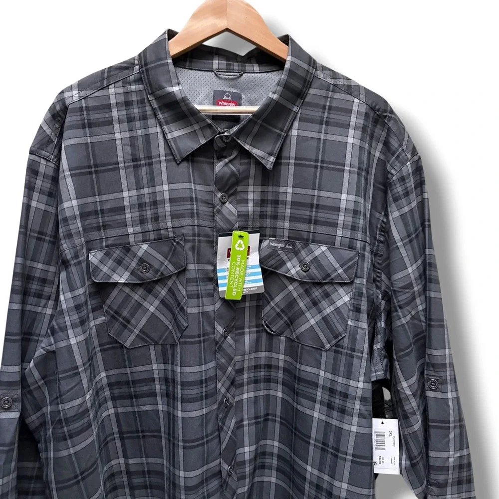 Wrangler‎ Outdoor Men 3XL Grey Plaid Stretch Moisture Wicking UPF 40 Shirt NEW
